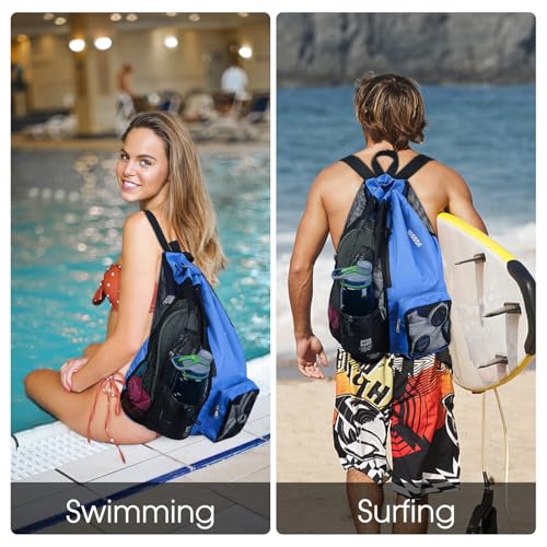 image for WANDF Swim Bag Mesh Drawstring Backpack with Wet Pocket for Swimming, 
