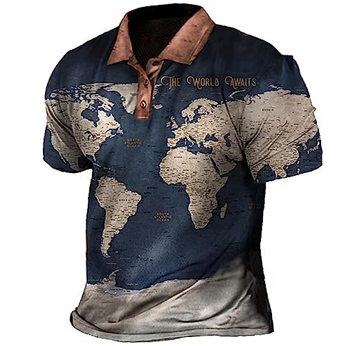 Polo De Golf para Hombre con Estampado De Mapa Mundial En 3D, Cuello Abotonado, Camiseta Deportiva Informal De Manga Corta Color1 M