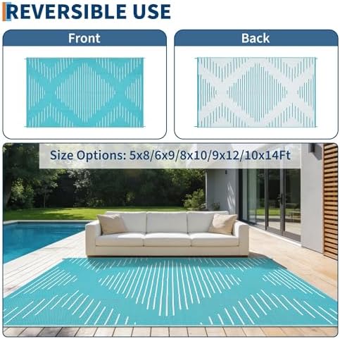 MilleLoom 6x9 Outdoor Camping Rug Clearance, Plastic Straw Rug for Patio, Line Portable Reversible with Carry Bag Outdoor Carpet Mat for Deck Porch Backyard (Light Blue and White) — view 4
