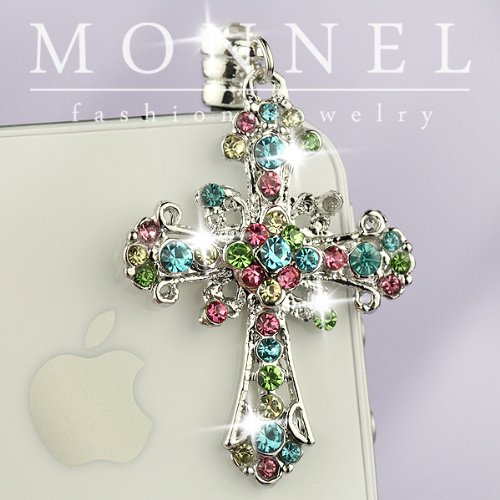 ip525 Rainbow Crystal Cross Anti Dust Plug Cover Charm for iPhone Android 3.5mm