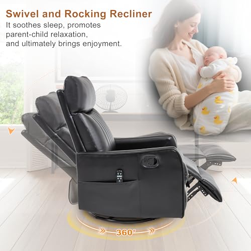 Image of Manual Swivel Rocker Recliner Chair for Adults, Overstuffed Reclining Glider Chair for Nursing with Vibration Massage & Heat, Living Room Rocking Recliner 2-Stage backrest, Faux Leather Black