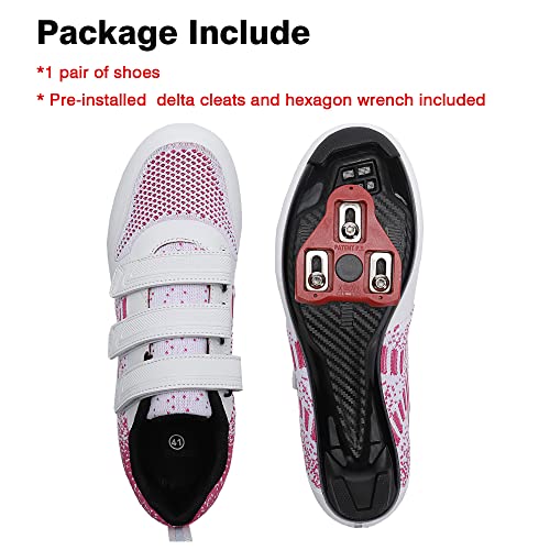 Image of Women Cycling Shoes Bike Riding Shoes 3 Straps Pre-Installed Delta Cleats for Indoor Outdoor Biking Size 4.5 White Pink