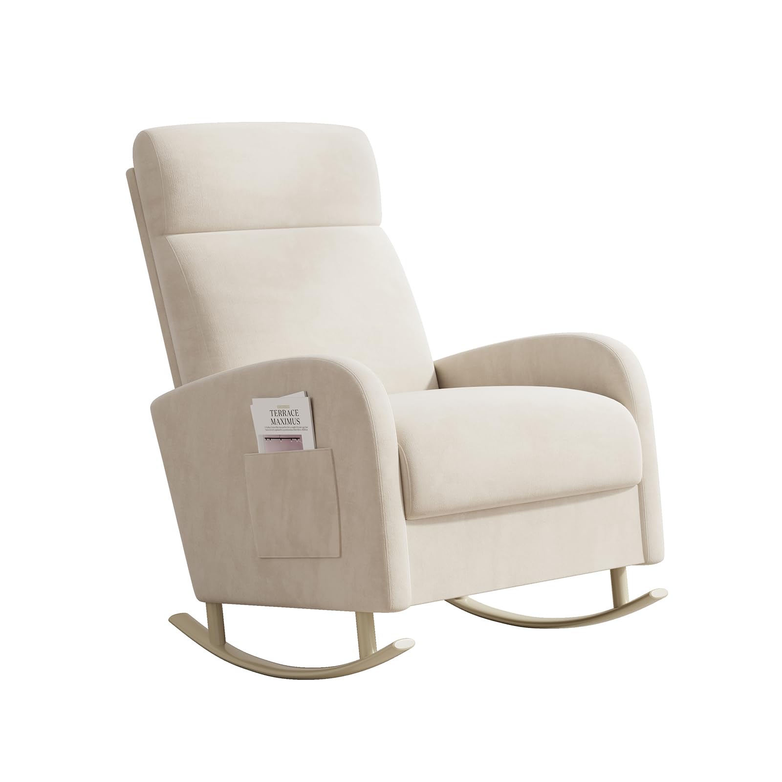 HIPIHOM Rocking Chair Nursery, Upholstered Glider Chair with Side Pocket, Modern Nursery Chair with High Backrest and Rubber Metail Legs, Accent