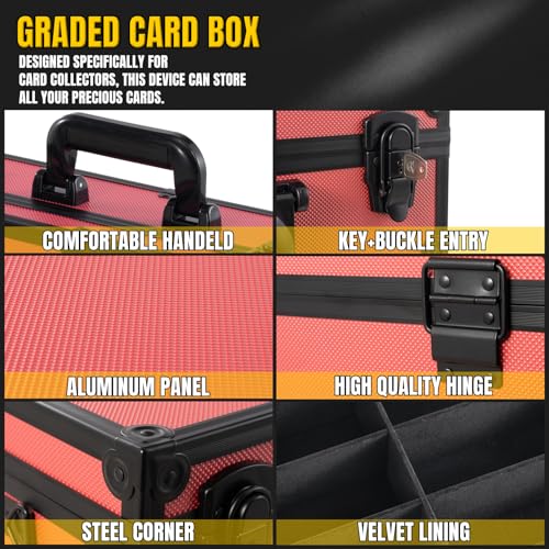 JOJOUP Graded Card Storage Box – Holds 155+ Graded Cards or 700+ Top Loaders - Aluminum Alloy Trading Cards Case, Sports Card Storage Box with Lock, Fits PSA, CSG, BGS (XL Red) by JOJOUP - Used condition - Image 4
