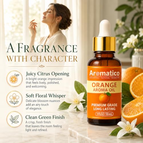 Image of AROMATICO Orange Diffuser Oil for Long-Lasting Fragrance. Premium Aroma Oil for Aromatherapy, Meditation & Concentration. Versatile Use in Diffusers, Air Fresheners - 30ml