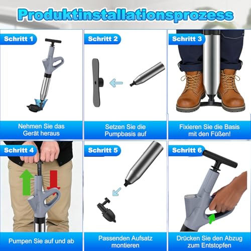 Rohrreiniger Druckluft Abflussreiniger Pumpe mit Drucklufttechnologie Der Pömpel Toilette für rohrfrei Ergebnisse mit Luftkompressions-System, integrierter Druckanzeige und 4 Saugnäpfen Weiß