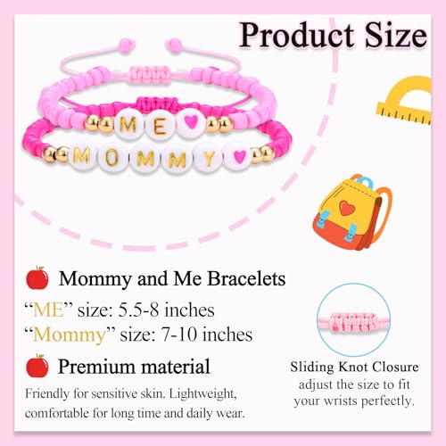 MOMMY& ME Back to School/First Day of School Bracelet Gifts, First Day of Kindergarten Preschool First/Second Grade Bracelet Gifts, Set of 2 Pink Small Beads Bracelet for Girls4