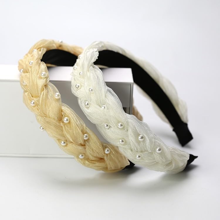 気質オーガンザパール生地ワイドエッジヘッドバンド高頭蓋トップヘアアクセサリー(A)
