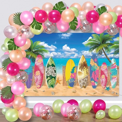 Summer Surfboard Beach Party Backdrop Hawaiian Tropical Seaside Surfs Up Photography Background Summer Beach Luau Holiday Birthday Party Decorations Banner Photo Booth Prop (7x5FT) by JSHENGZHYI - Used condition - Image 4