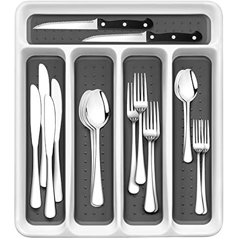 RayPard 24-Piece Silverware Set, Flatware Set Mirror Polished, Dishwasher Safe Service for 4, Include Fork/Spoon with 5-Compartment Non Slip Silverware Drawer Organizer Box Tray Cover
