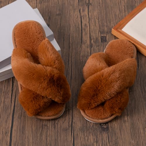 Image of Enteer Women's Slipper Memory Foam Cross Band Fuzzy Slippers Open Toe Cozy House Slippers Cozy Plush Bedroom Indoor Outdoor