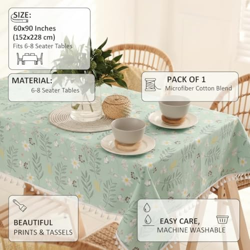 Image of Amazon Brand - Umi Premium Microfiber Cotton Table Cloth for 6-Seater Dining Table, 60 x 90 Inch Rectangular Printed Dining Table Cover with Tassels, Washable, Reusable,Pack of 1