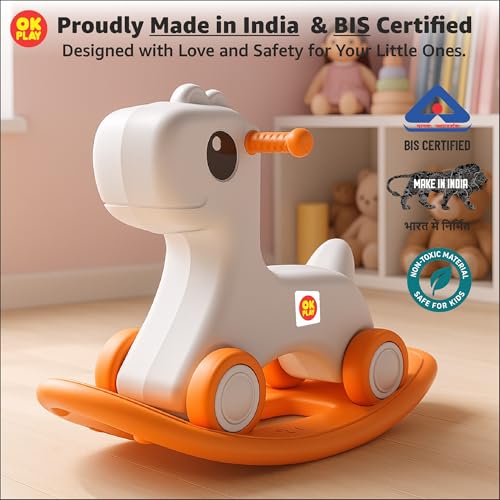 Image of OK PLAY 3 in 1 Pony Rocker Combo for Kids | Push On Ride On | Balancing Board | Backrest | Easy Grip | Anti Skid | Four Wheel | Indoors and Outdoors Games | Light-Weight | Orange & Ivory | 1 Year+