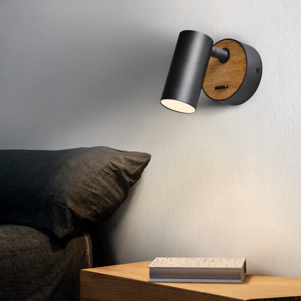Schwarz Wandlampe mit Schalter,2 Pack Holz Wandleuchte Retro Wandspot aus Aluminium Lampenschirm Drehbar,Wandleuchte innen Kompakt Bett Schlafzimmer Wohnzimmer,GU10