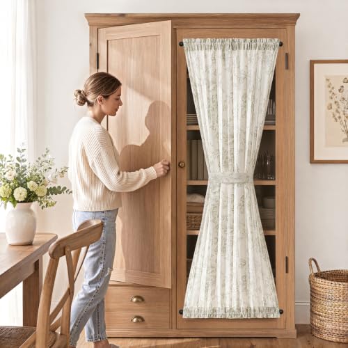 Image of jinchan Alice Floral French Door Curtain Farmhouse Linen for Sliding Glass Door 72 Inches 1 Panel with Tieback Light Filtering Curtain for Window Patio Rod Pocket Green on Linen