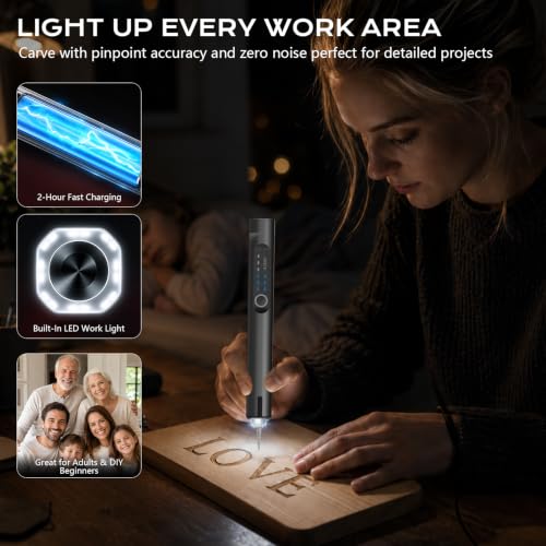 Apacal Cordless Engraving Pen with LED Light, Rechargeable Engraver for Metal, Wood, Glass, Ceramic & Plastic, 30 Bits DIY Etching Kit Gifts for Teens, Beginners & Artists, 3 Variable Speed — view 3