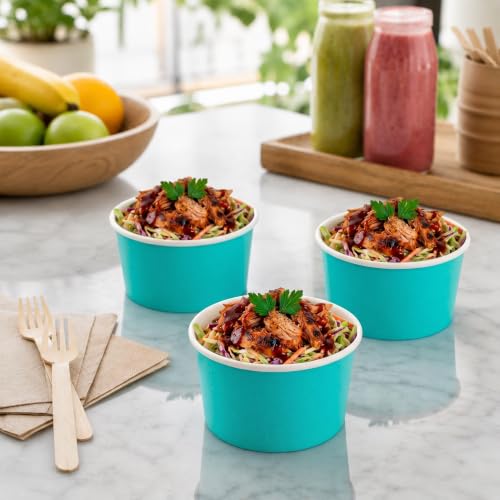 Image of Restaurantware Coppetta 5 Ounce Dessert Cups, 50 Disposable Ice Cream Cups - Lids Sold Separately, Sturdy, Turquoise Paper FroYo Bowls, Striped, For Hot And Cold Foods, Perfect For Gelato