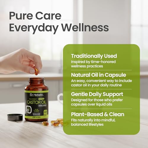 Image of Dr. HERBALIST Castor Oil Capsules 1600mg - Cold Pressed Ricinus Communis Softgels | Supports Digestive Wellness & Hair Skin Vitality* | Halal, Non-GMO, Vegan | 60ct