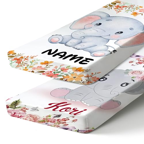 Custom Nursery Bedding Set for Baby Girls - 2 Pack Portable Mini Elephant Crib Sheets with Name, Customized Toddler Bedding Set for 0-6Years Baby Boys