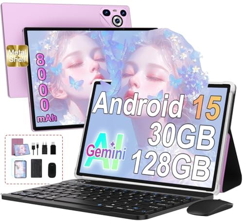 Dghrti 10 Pulgadas Tablet 30GB+128GB, 8000mAh, Android 15, IPS Pantalla FHD, Procesador Octa Core, Certificación GMS/Widevine L1, Tableta PC con Cuerpo de Metal, Teclado y Mouse  Violeta