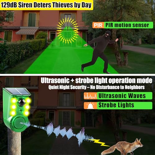 Image of Solar Outdoor Motion Sensor Alarm - Ultrasound & Alarms 130db Motion Detector Loud Noise Maker,Strobe Light,for Home, Villa,Yard,Chicken coop,Farm,Barn.4 Work Modes.Say Goodbye to The Intruders 2Pack