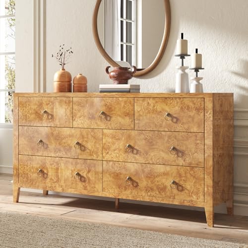 Image of AMERLIFE 61 inch Wide 7-Drawer Dresser, Mid-Century Modern High Gloss Burl Wood Finish Chest of Drawers with Anti-Tip Kit, Storage Organizer for Bedroom, Living Room, Entryway, Office, Yellow