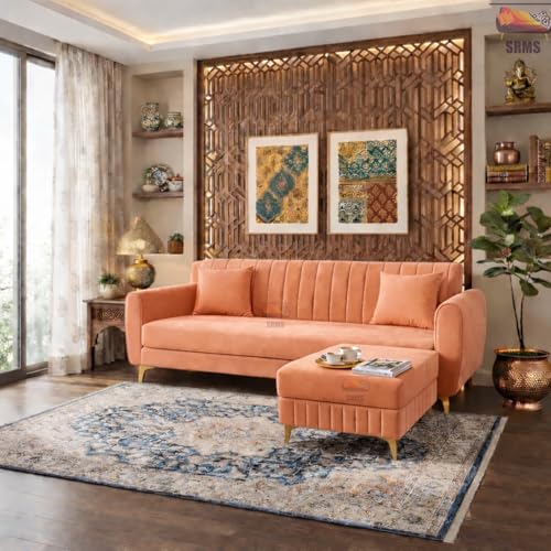 Image of SRMS Golden Legs 4 Seater L Shape Velvet Fabric Sofa Set with Four Cushions | Perfect for Home Office Guests Living Room | Sofa Set for living Room | 74 x 32 x 30 inches | Peach color