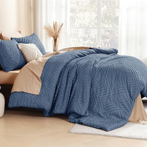 Image of Litanika Ocean Blue Queen Comforter Set, 3 Pieces Tufted Boho Farmhouse Bedding Comforter Sets, Lightweight Fluffy Comforter Bed Set for All Season (90x90In Comforter and 2 Pillowcases)