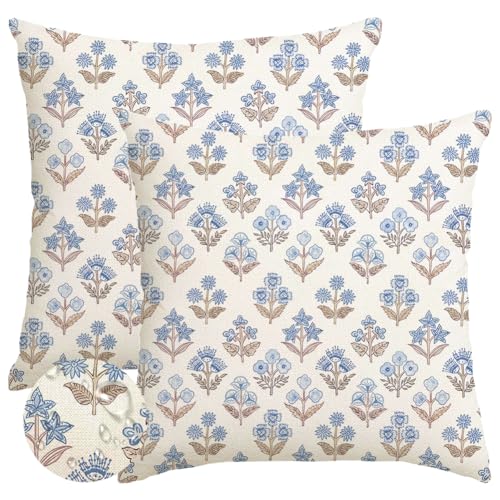 RABUSOFA Blue Floral Pillow Covers 20x20 Inch Set of 2 Outdoor Waterproof Decorative Throw Pillows for Home Spring Summer Decor Couch Patio Funiture Garden Vintage Flower