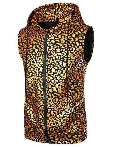Image of ZEROYAA Mens 70s Metallic Sleeveless Hooded Vest T Shirt | Shiny, Disco, Sparkle, Party, Dance, NightClub, Halloween, Cosplay, Hipster, Kangaroo Pocket, Zip Up