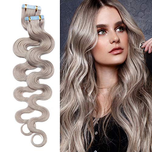 S-noilite 16inch Tape in Human Hair Extensions Wavy Double Sided Seamless Skin Weft 100g 40pcs Body Wave Tape on Hairpieces For Women with Thin Hair #Grey