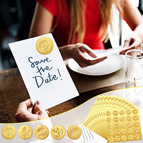 500 Pieces Gold Embossed Envelope Seals Stickers Adhesive Seal Stickers Vintage Embossed Foil Certificate Seal Plant Diy Labels For Wedding Invitations Envelopes, 5 Patterns (Flower Style) #TOP3
