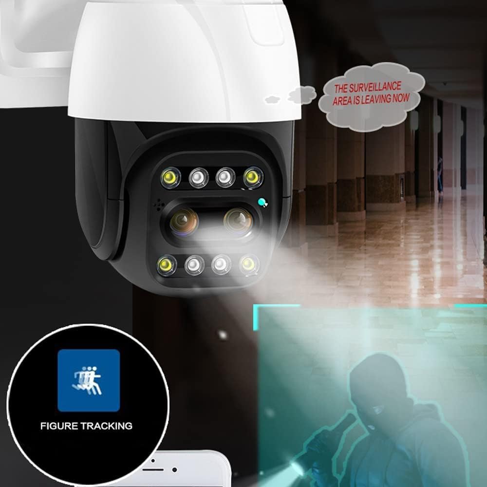 Image showing the camera detecting and tracking a figure, with a notification bubble 'THE SURVEILLANCE AREA IS LEAVING NOW'