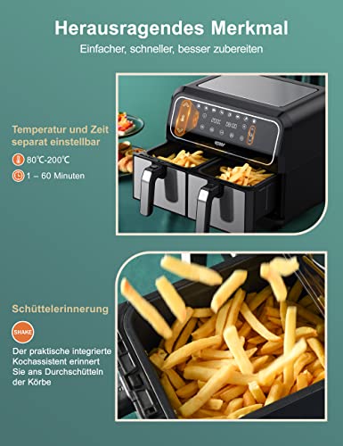 Innsky Dual Zone Hot Air Fryer, 2 Chamber No. 8 L, 8 Programmes, Double Air Fryer, Air Fryer with 2 Baskets, Deep Fryer Hot Air without Oil, Dual Cook, Synchronising Ready Technology, Shake Mode