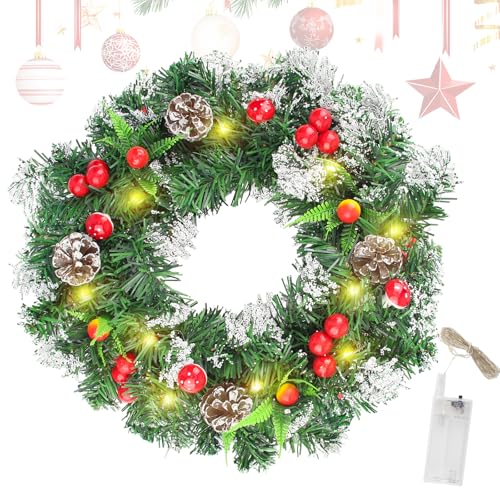 GZGXKJ 40cm Christmas Decoration Door Wreath LED Pine Cone Red Fruit Real Vine Decorative Wreath Handmade the Xmas Pine Wreaths Covers Snowflakes with Berries for Christmas Decorations