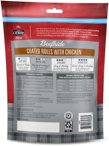 Ol-Roy Beefhide Rolls with Real Chicken Coating, Medium Chew Sticks for All Dog Breeds, 36 Count, 20.95 oz Resealable Bag (Pack of 1)