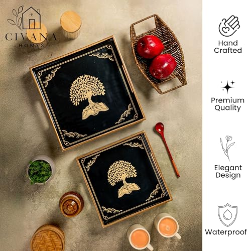 Image of Wooden Serving Tray with Gold Engraving | Set of 2 | Size : 12 x 12 inch & 10 x 10 inch | Enamel Coated Waterproof | Square Trays | Decorative Trays (Tree of Life)