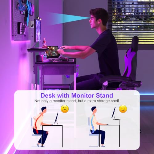 Image of X-cosrack 33.5 inch Small Gaming Desk with LED Lights & Power Outlets, Drawers | Computer Desk with Fabric Drawer & Side Hook, Reversible Table with Monitor Stand for Game Room, Bedroom, Carbon Fiber Black