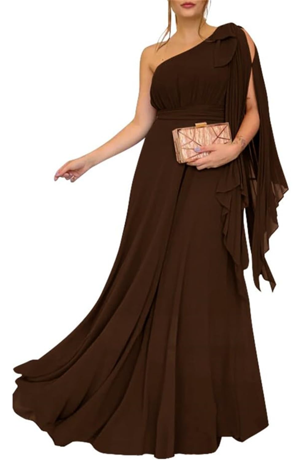 HPPEE One Shoulder Bridesmaid Dresses Brown for Women Chiffon Maid of Honor Elegant Formal Dress for Women UK10