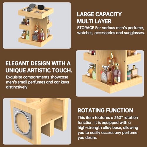 VLXXOI Cologne Organizer for Men Rotating Bathroom Counter Organizer, 3-Tier Solid Wood Storage Caddy, 360-Degree Rotating Stand, Burlywood (Burlywood A) by VLXXOI - Image 2