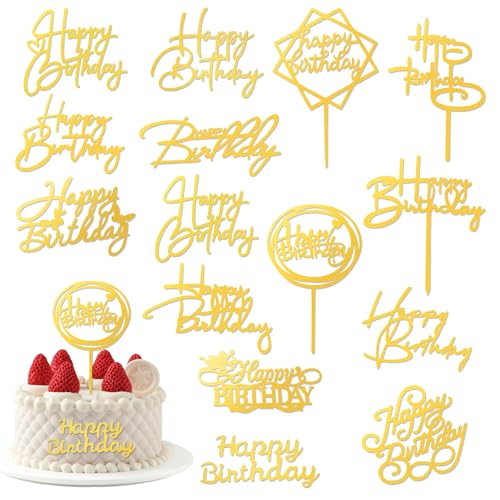 15 Piezas Decoración Happy Birthday para Pasteles y Cupcakes, Acrílicas con Letras Brillantes, Reutilizables, Tamaños Variados, Color Dorado