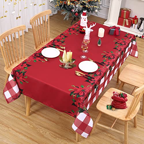 CAROMIO Mantel Navidad Antimanchas, Mantel Rojo Rectangular Resistente al Agua Oxford Lavable Mantel de poliéster con patrón Floral navideño a Cuadros para Fiesta Cocina Comedor Mesa (137x178 cm)