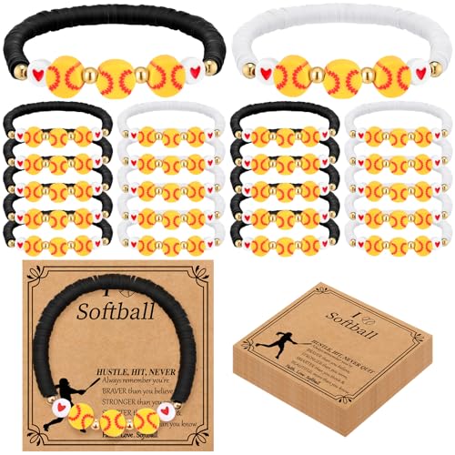 Ecation 20 Set Softball Bracelets Team Gift Bulk Softball Senior Night Adjustable Bead Ball Charm Bracelet with Inspirational Card for Sport Team Sport Lovers Player Gifts Birthday Party(Black White)