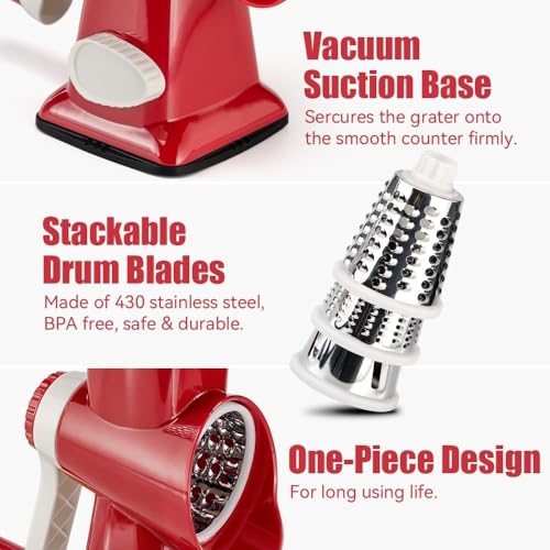 Image of KEOUKE Rotary Cheese Grater Hand Crank Red - Shredder Slicer Grinder 3 Stainless Steel Blades, Stable Suction, Labor-Saving Handle, Safe Kitchen Tool for Cheese, Vegetable, Nuts, Chocolate