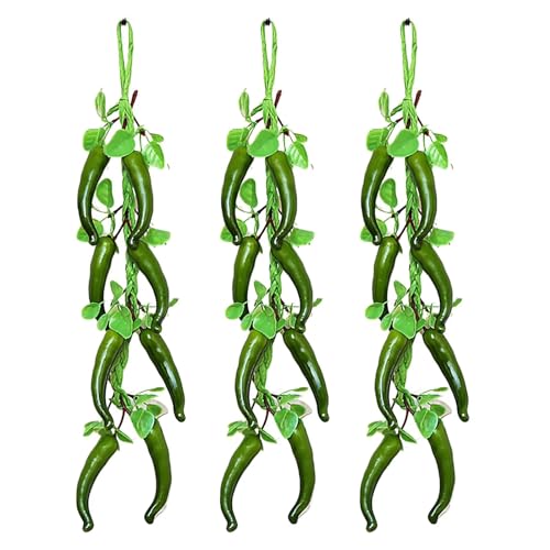 Lovmeety 3 Pcs Artificial Hanging Pepper String, Green Faux Hanging Peppers Garland Fake Pepper Vegetable Vines for Photography Prop Wall Home Kitchen Party Decoration