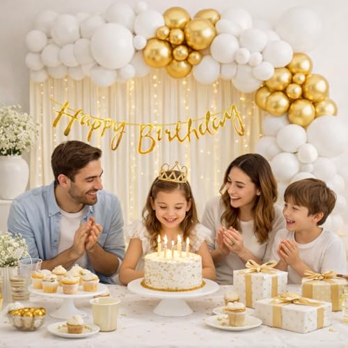 Image of Happy Birthday Decoration Kit for Baby Teenage Girls Men Women Adults Home Table Year With 30 Pc Gold White Balloons 1 Pc Golden Happy Birthday Cursive Banner Items Set Combo