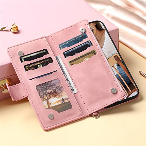 Étui cuir Redmi Note 10S anti-perte avec portefeuille zippé et lanière rose - 5