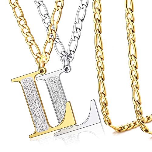 Initial Necklaces 2 Pieces Cuban Chain 23.6 Inches Letter Pendant 13.8 Inches. Golden Silver Letter Necklace is A Gift for Father and Son Or Couples, Personalized Hip-hop Cool Style (L&diamond)