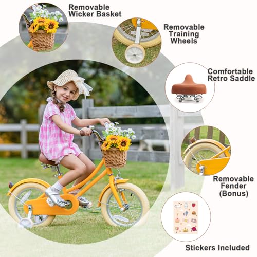 Image of Glerc Little Molly 12-20 Inch Kids Retro Cruiser Bike for 2-13 Year Old with Wicker Basket & Training Wheels /Kickstand, Multiple Colors