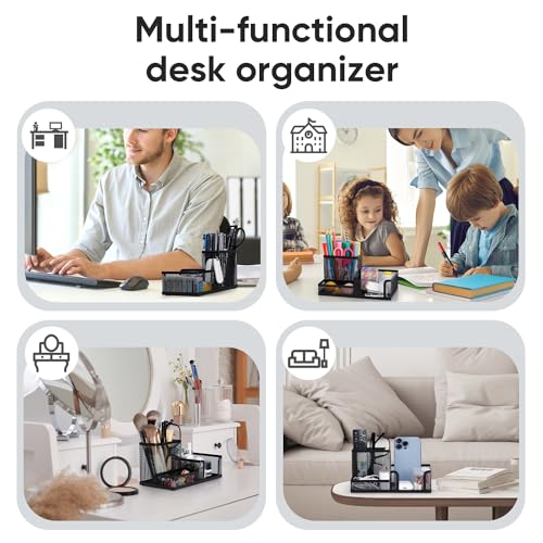 deli Schreibtisch Organizer aus Drahtmetall, Multifunktionale Organisation mit Stifthalter und Aufbewahrungskörben, für Zuhause und Büro, 3 Fächer, Schwarz